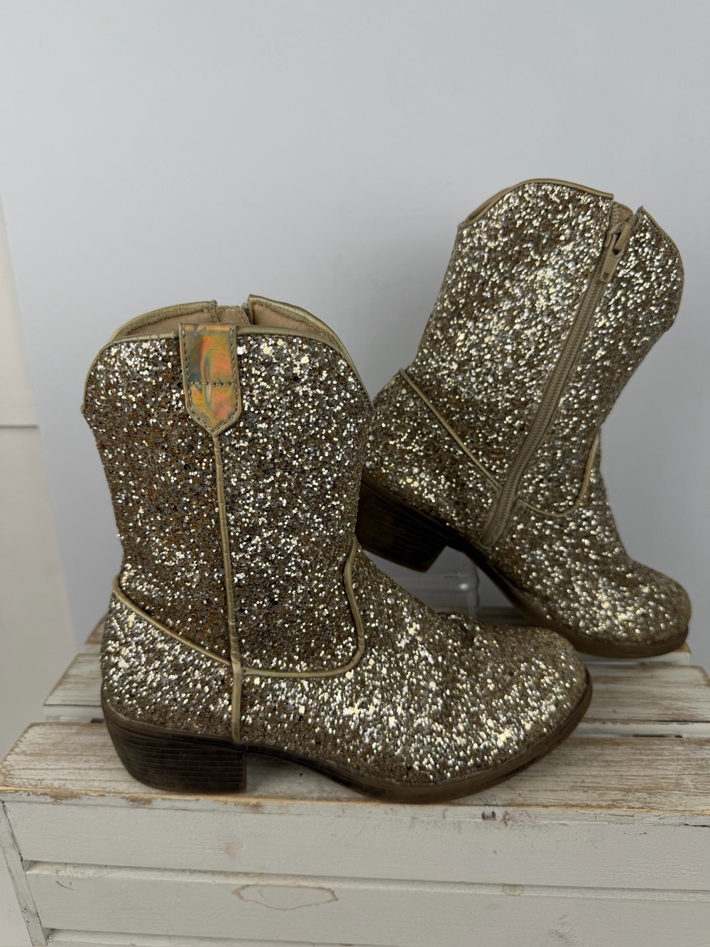 Self Esteem Tessa gold glitter Renegade cowboy boots side zipper size 3M